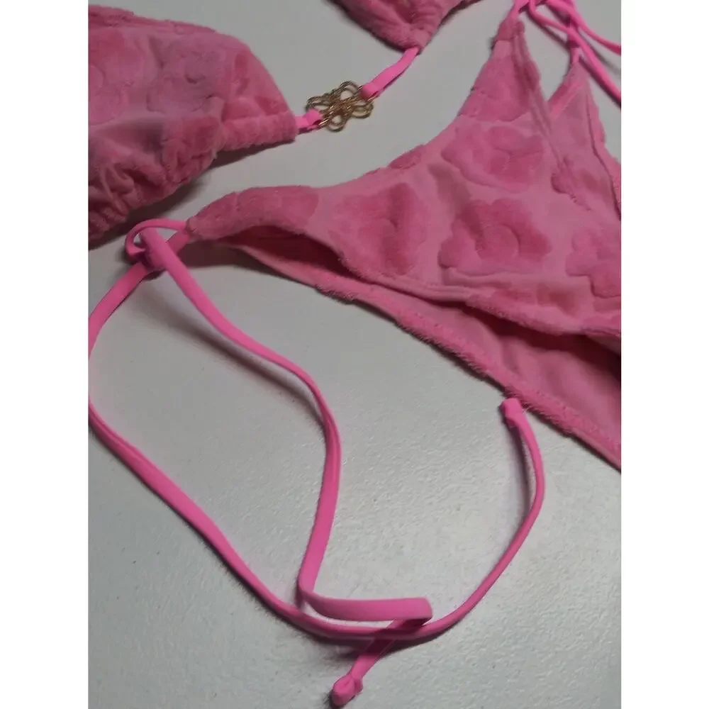 Pink Terry Cloth Tie-Strap Triangle Bikini Set with Heart Texture Size M